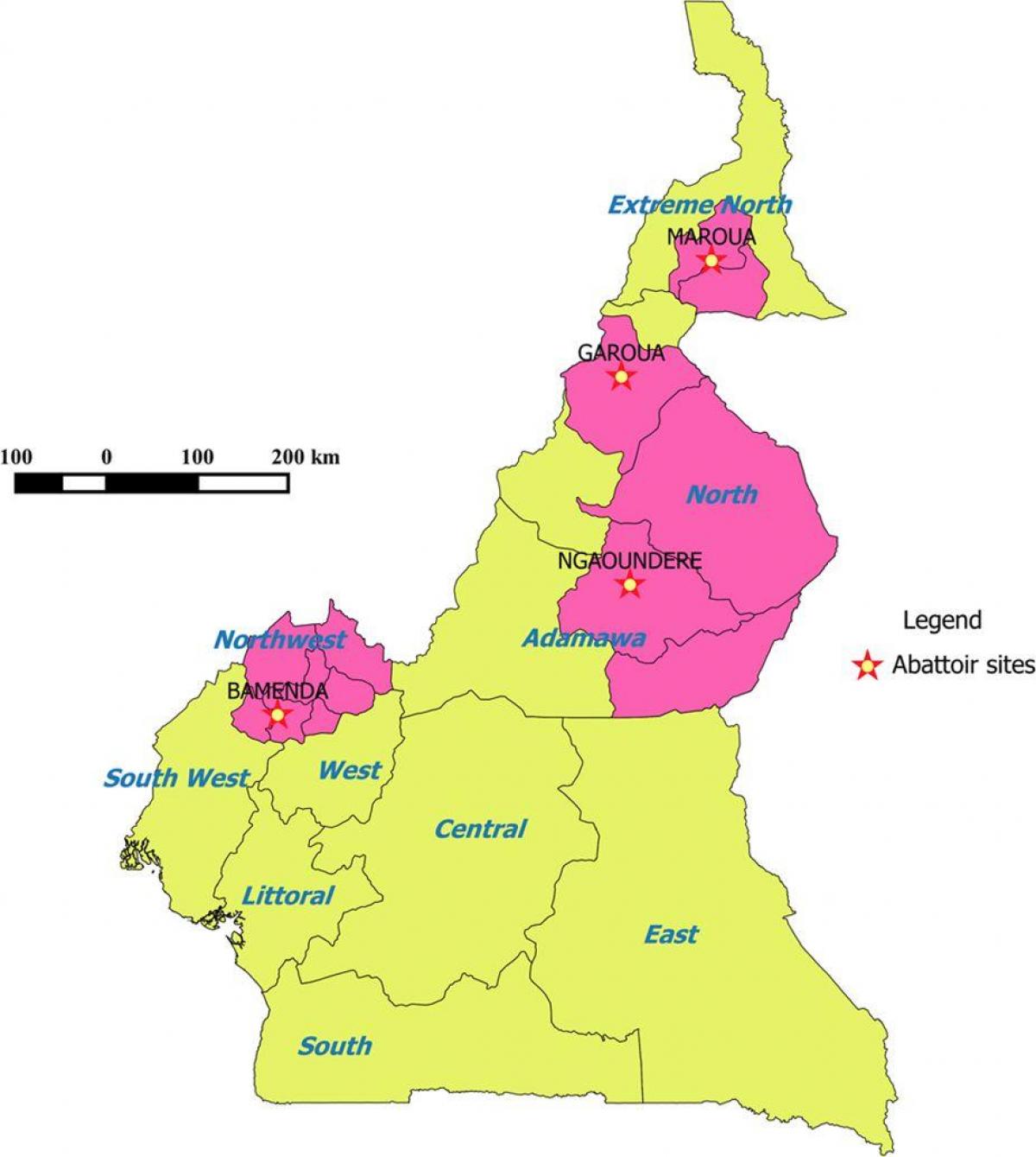 喀麦隆显示出地区的地图